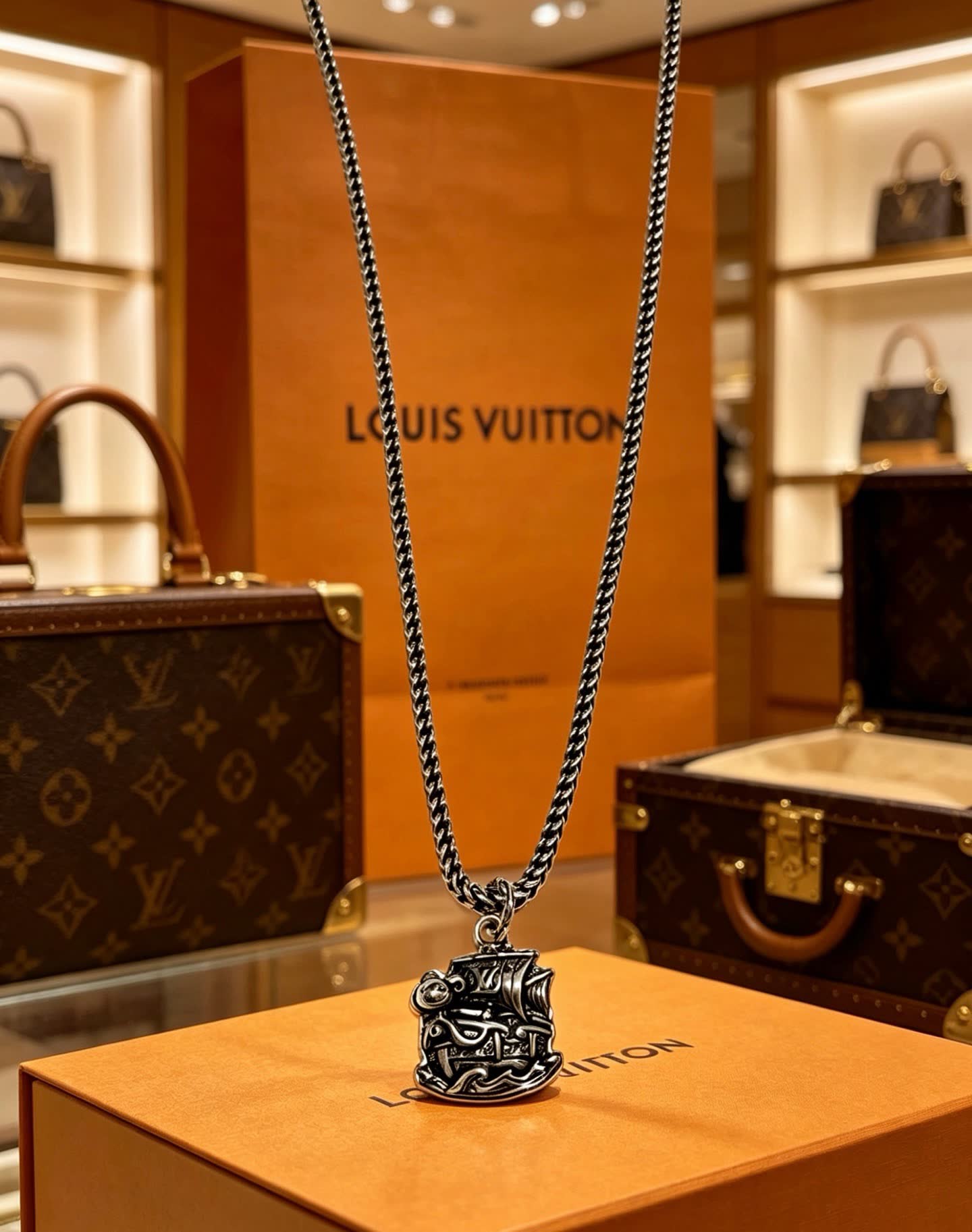 Louis Vuitton Silver Chain Necklace with Ship Pendant